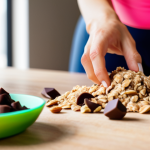 **Prompt:** Close-up shot of a vibrant energy bite, showcasing visible oats, nut butter, and chocolate chips. In the background, a blurred image of a woman in workout gear preparing for a home workout. Focus on textures and appetizing colors.