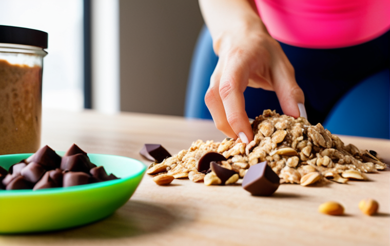 **Prompt:** Close-up shot of a vibrant energy bite, showcasing visible oats, nut butter, and chocolate chips. In the background, a blurred image of a woman in workout gear preparing for a home workout. Focus on textures and appetizing colors.