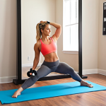 **

A brightly lit corner of a living room transformed into a home workout space. A yoga mat is laid out, with adjustable dumbbells and resistance bands neatly organized nearby. A full-length mirror reflects a person in workout clothes confidently doing a bicep curl. Motivational posters adorn the wall. Focus on clean lines, good lighting, and a sense of inspiring energy.

**