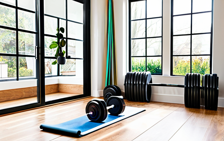 홈트 운동을 위한 전문가 조언 - **Subject:** A bright and airy home workout space.
    **Description:** A well-lit home gym area wit...