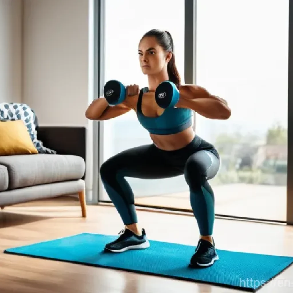 홈트 운동 보조기구 사용법 - **Prompt 1: Dynamic Home Strength Training**
A focused young adult, either a woman or a man, wit...