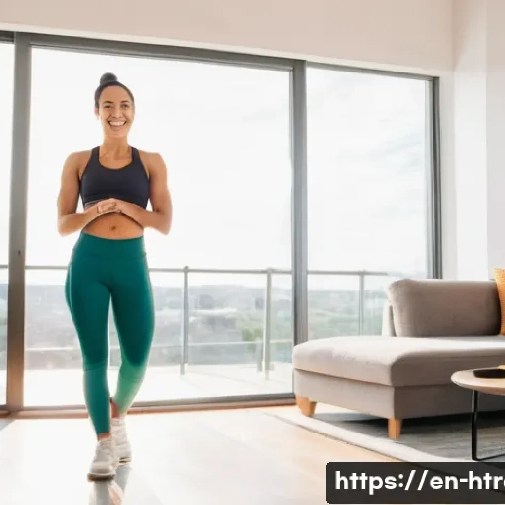 홈트 운동 목표 설정 - **Prompt:** A young woman, mid-20s, with a radiant smile, stands in her bright, modern living room w...