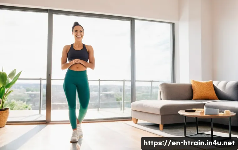 홈트 운동 목표 설정 - **Prompt:** A young woman, mid-20s, with a radiant smile, stands in her bright, modern living room w...