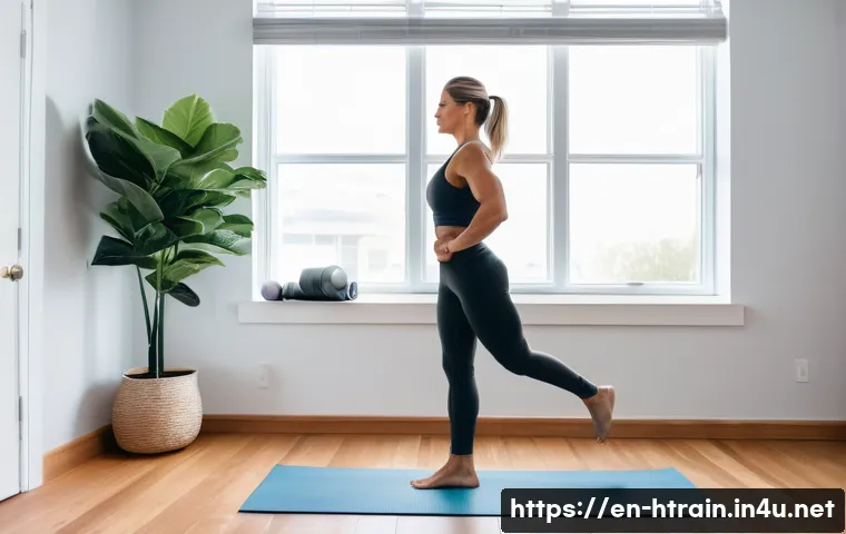 홈트 운동 지속적인 성장 계획 - A cozy, well-lit home workout corner in a modern apartment, featuring a yoga mat, resistance bands, ...