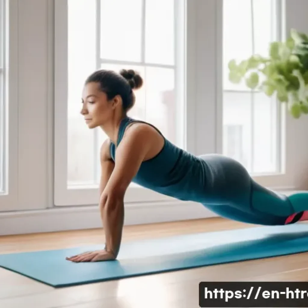 홈트 복근 운동 - A fit young woman performing a forearm plank on a yoga mat in a bright, cozy living room with wooden...