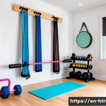 홈트 홈짐 꾸미기 - A modern, compact home gym setup in a bright, sunlit corner of a small apartment, featuring versatil...