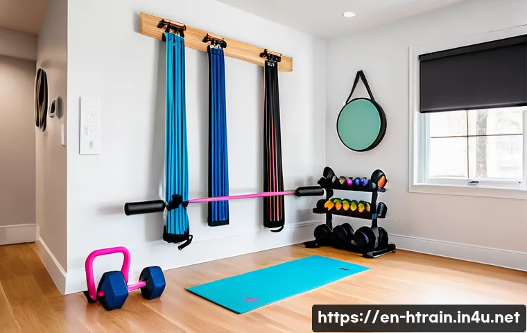 홈트 홈짐 꾸미기 - A modern, compact home gym setup in a bright, sunlit corner of a small apartment, featuring versatil...
