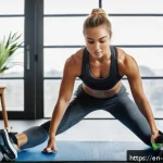 홈트 운동 체지방률 측정 - A modern home gym scene featuring a fit young adult woman using skinfold calipers on her upper arm, ...
