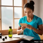 홈트 운동 기록 관리 방법 - A cozy home gym scene featuring a person using a paper workout journal at a wooden desk with a pen i...