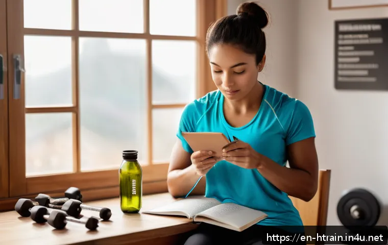 홈트 운동 기록 관리 방법 - A cozy home gym scene featuring a person using a paper workout journal at a wooden desk with a pen i...