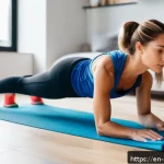 홈트 근력 운동 - A fit young woman performing slow eccentric push-ups in a bright, modern living room with natural li...