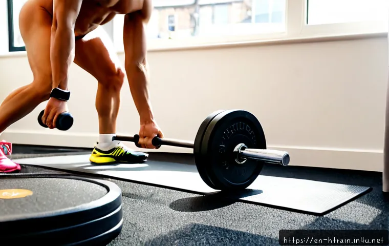 Home 17 홈트 바벨 운동 - Photorealistic home fitness scene, athletic adult performing a controlled barbell deadlift on a rubb...